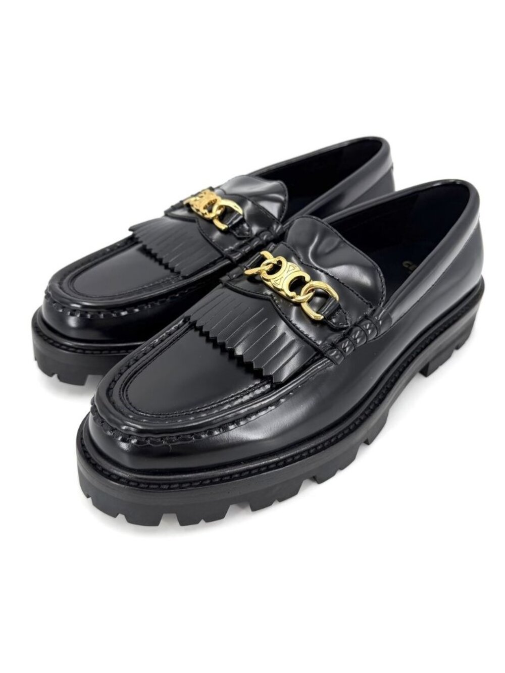Celine Loafers Margaret Triomphe Shoes Fringe Leather Black Gold